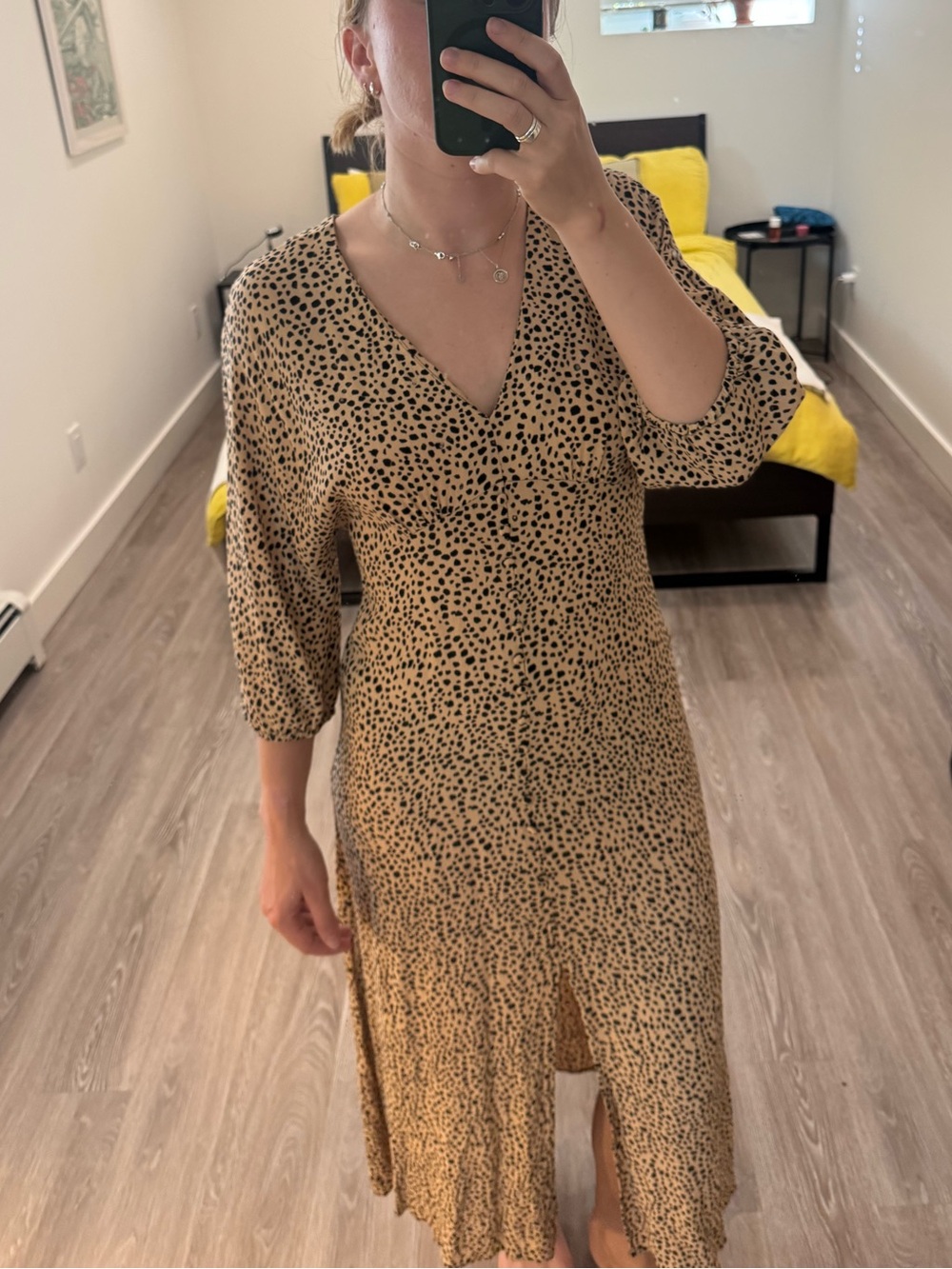 Mango Beige and Black Cheetah Print V‑Neck Midi Dress